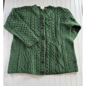 Kilronan Womens XL Aran Merino Wool Cardigan Ireland Cable Knit Green